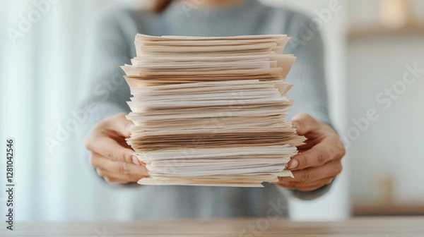 Fototapeta person holding large stack of documents, showcasing organization and paperwork management. scene conveys sense of productivity and diligence