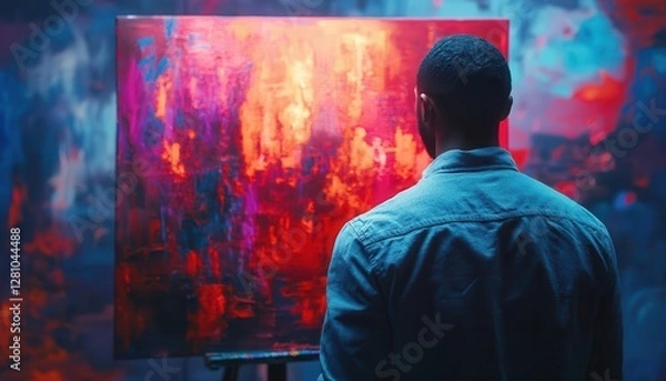 Obraz Painter in a studio, creating a masterpiece with glowing AR color palette tools, dynamic lighting, photorealistic