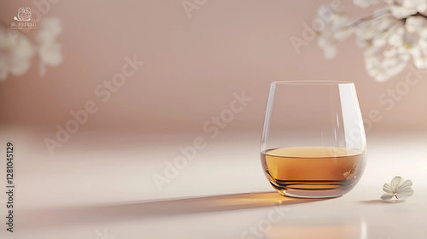 Fototapeta Whiskey glass in translucent glass, minimalist, slim and light, retro, natural lighting, on the desk, nice shot. white flower style illustrated