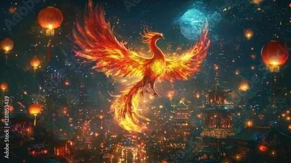 Fototapeta A vibrant phoenix soars above a city illuminated by lanterns, under a starry sky, symbolizing rebirth and hope.