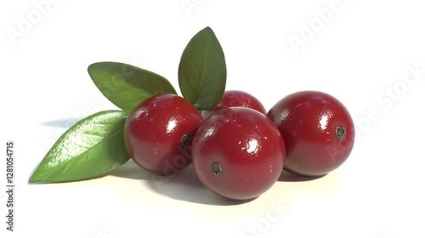 Fototapeta Realistic Macro Shot of Isolated Red Berries and Green Leaves on White Background