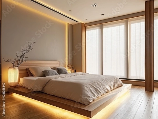 Fototapeta The modern bedroom features a minimalist bed and soft lighting