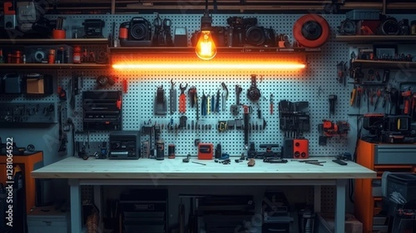 Fototapeta Organized Workshop with Various Tools and Equipment Under an Orange Neon Light in a Modern Setting