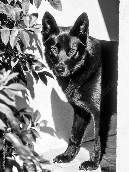 Fototapeta Dog Standing in Shadow with Its Tail Wagging