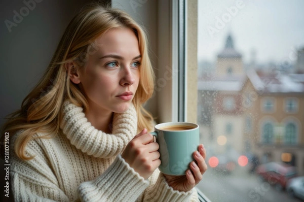 Fototapeta Pensive woman on a window in winter with a hot beverage
