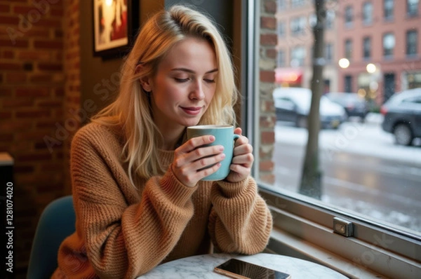 Fototapeta woman enjoying a hot beverage in a café in winter