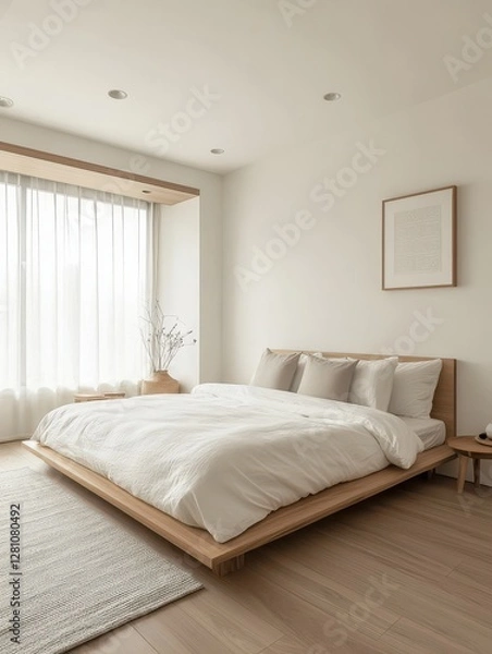Obraz A Modern Bedroom with a Wooden Platform Bed and Light Curtains