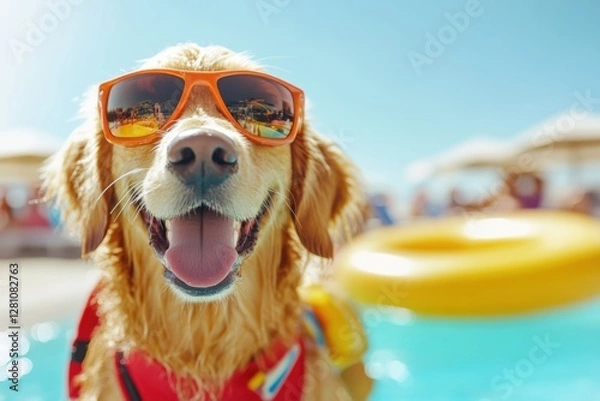 Fototapeta Cheerful golden retriever lifeguard at sunny poolside with floatation device ready for fun