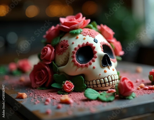 Obraz Colorful Dia de Muertos Sugar Skull with Floral Decoration for Day of the Dead Celebration