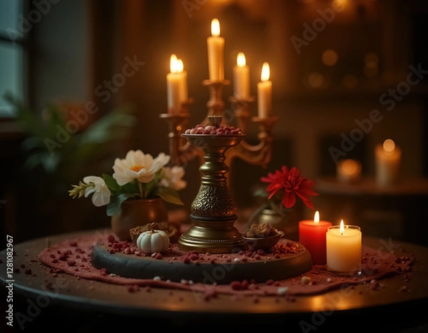 Obraz Remembrance Altar for Dia de Muertos with Candles and Beautiful Flowers Display