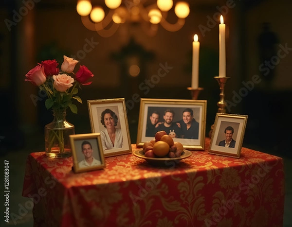 Fototapeta Beautiful Altar Setup for Dia de Muertos with Family Photos and Candles