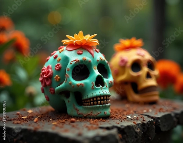 Fototapeta Colorful Dia de Muertos Skulls with Floral Decor Against a Vibrant Background
