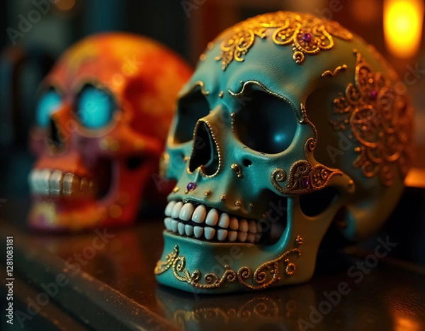 Obraz Colorful Dia de Muertos Skulls Intricately Decorated for the Day of the Dead Celebration