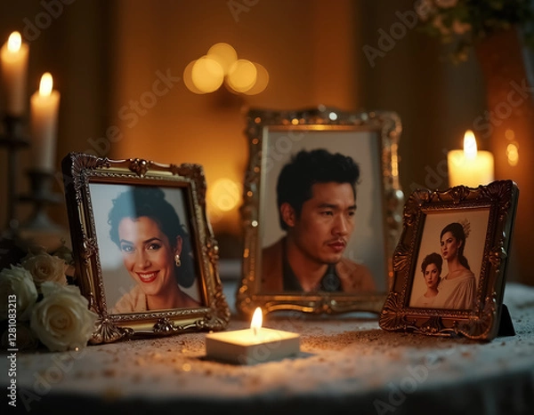 Fototapeta Elegant Dia de Muertos Altar Featuring Lit Candles and Framed Family Portraits