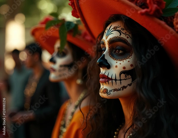 Fototapeta Vibrant Participants of Dia de Muertos Festival with Colorful Skulls and Hats