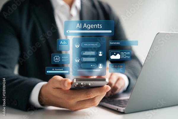 Fototapeta AI Agents and Assistants, Young Man Uses AI Agents on Smartphone to Manage Important Things in Life, The introduction of Artificial Intelligence and AI is enhancing human potential.