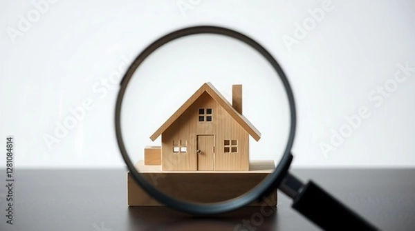 Obraz Magnifying Glass Focusing on a Miniature House Illustration for Real Estate and Home Design