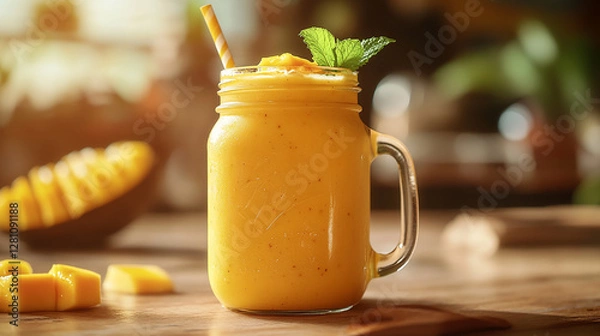 Fototapeta A tropical mango smoothie in a mason jar garnished with