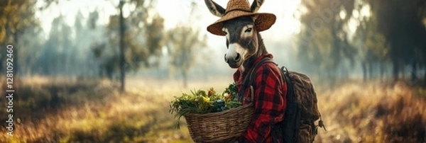 Fototapeta Tired donkey in farmer overalls carries basket of vegetables under sunny sky in rustic field