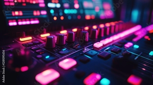 Fototapeta Synthwave Vibes: Close-up of a Music Mixer in Neon Lights