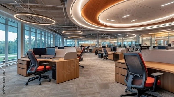 Obraz Modern office with open layout, ergonomic chairs, and wooden desks, showcasing a focus on comfort and productivity