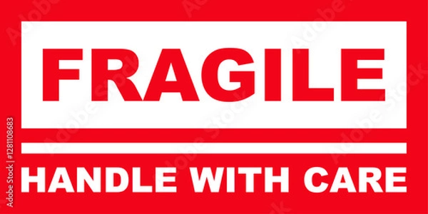 Obraz Fragile label signifying delicate handling.  Red background, white text. Essential for shipping and moving items needing extra protection.