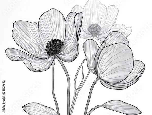 Fototapeta Pen-and-ink illustration of two flowers with stems and leaves, styled with fine lines.