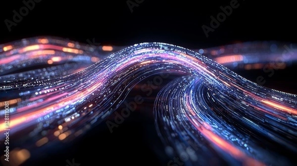 Fototapeta A modern, cutting-edge abstract design with luminous diagonal lines traversing a dark background, offering ample room for copy