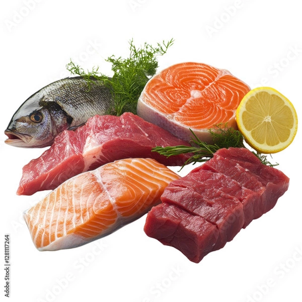 Fototapeta Fresh assorted fish and meat, white isolate background