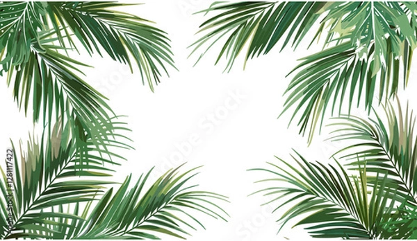 Fototapeta Vector palm branches in the corners, exotic plants, PNG artwork, summer background, tropical plants decoration elements, palm tree decor, nature leaves, green jungle, paradise foliage