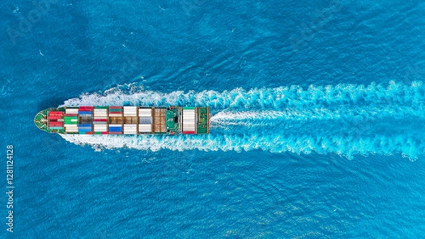 Fototapeta Aerial top view container ship full speed with beautiful wave pattern for logistics.