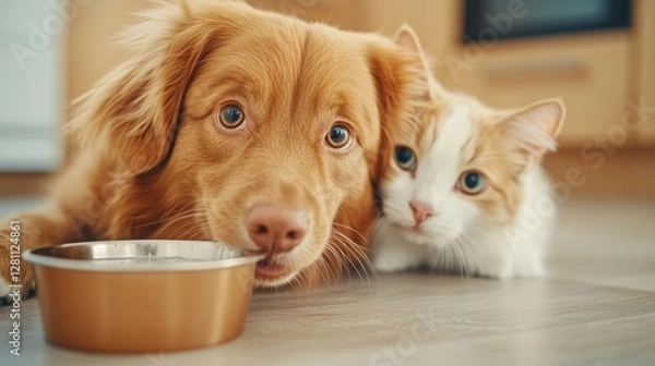 Fototapeta Playful dog and curious cat waiting for food in a cozy kitchen pet interaction domestic environment close-up view companionship