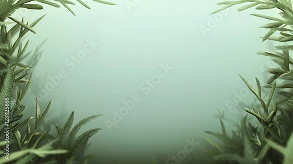 Fototapeta Subtle Green Plants Frame Soft Foggy Background
