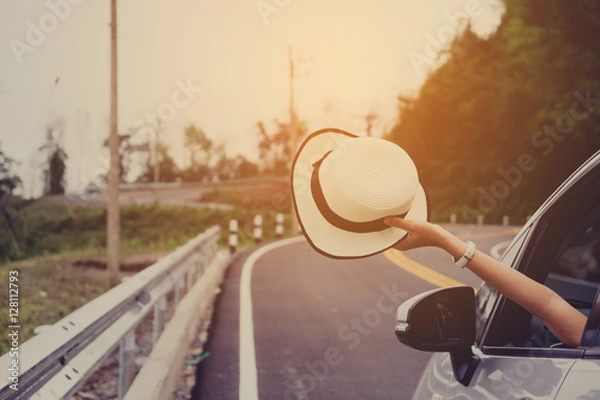 Obraz Asain woman traveler with hatchback car with beautiful mountain