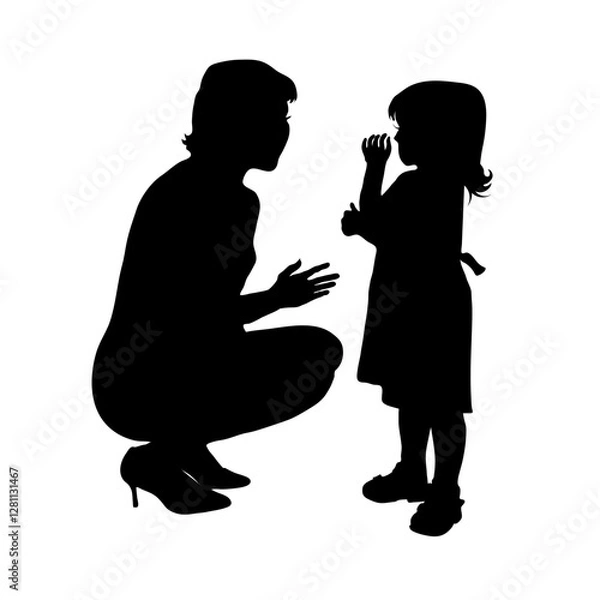 Fototapeta Two vector silhouettes of a woman and a child. A little girl stands in front of her mother, the woman squats. White background.
