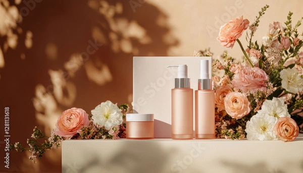 Fototapeta A sophisticated skincare display with pink glass bottles and jars, complemented by floral arrangements and organic ingredients