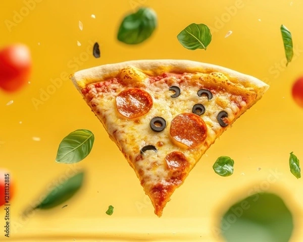 Fototapeta An artistic depiction of a pizza slice with a cute face, surrounded by a cheerful yellow background for a whimsical touch