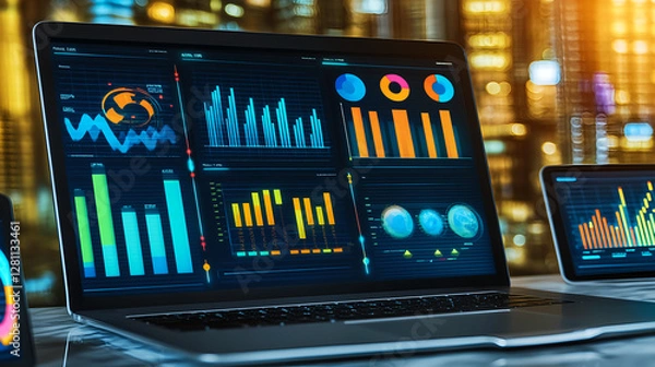 Fototapeta Data analysis dashboard overview corporate office digital display modern workspace aesthetic design technology insights