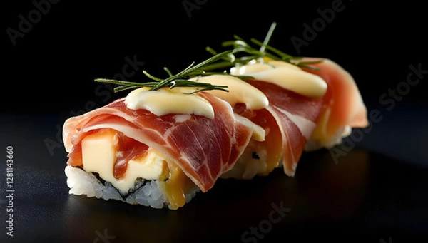 Fototapeta Delicious sushi roll topped with cheese and prosciutto on a sleek black background, showcasing an elegant culinary presentation.