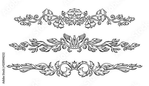 Fototapeta Floral Linear Ornament, Decorative Border, Divider. Hand Draw Vintage Black and White Plant Pattern with Flowers and Leaves. Line Art Graphic Element for Retro Design. Classic Calligraphic Element