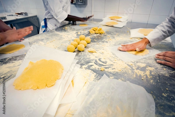 Fototapeta Students in a bakery school flattening dough balls by hand on a floured stainless steel table. Hands-on pastry training in a professional kitchen, learning traditional baking techniques.