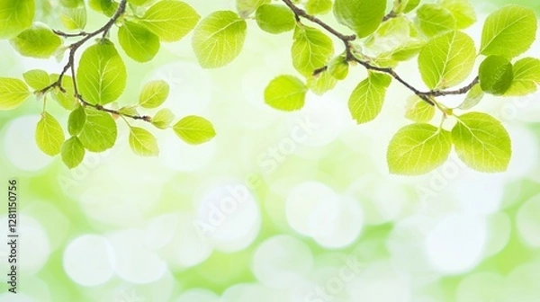 Fototapeta Vibrant Green Leaves and Branches on Soft Bokeh Background