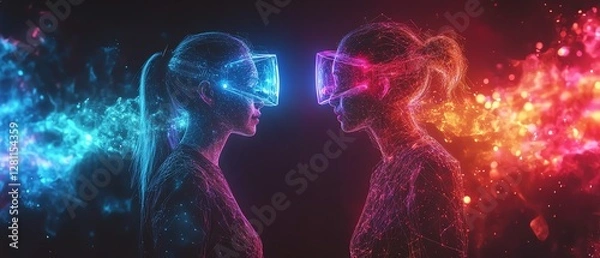 Obraz Creative minds collaborating through holographic digital interfaces, bringing together diverse concepts, colorful geometric shapes merging, futuristic business environment