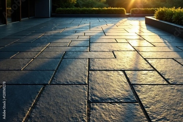 Fototapeta Golden Hour Illumination on a Dark Stone Patio with Subtle Shadows