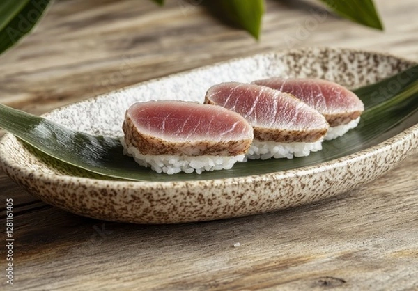 Fototapeta Elegant Presentation of Sliced Sushi on Leafy Plate with Soft Brown Table Background and Green Leaves Creating a Relaxed Dining Atmosphere