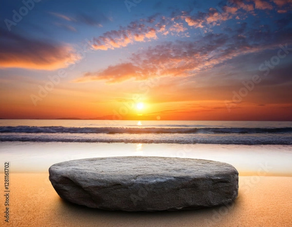 Fototapeta Blank rock podium stand on a tropical beach. Empty stone display platform on a white sand beach with sunrise or sunset sky. Minimalist coastal scene for product display, mockups, and relaxing themes.
