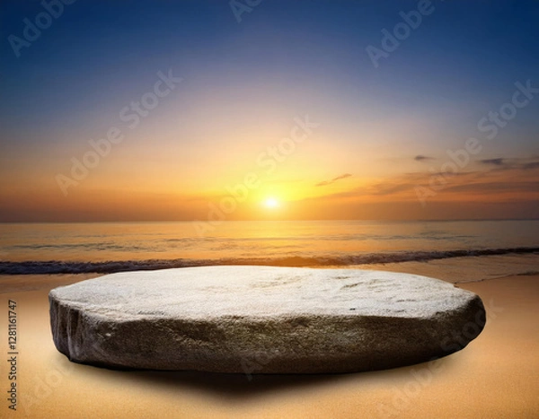 Obraz Blank rock podium stand on a tropical beach. Empty stone display platform on a white sand beach with sunrise or sunset sky. Minimalist coastal scene for product display, mockups, and relaxing themes.