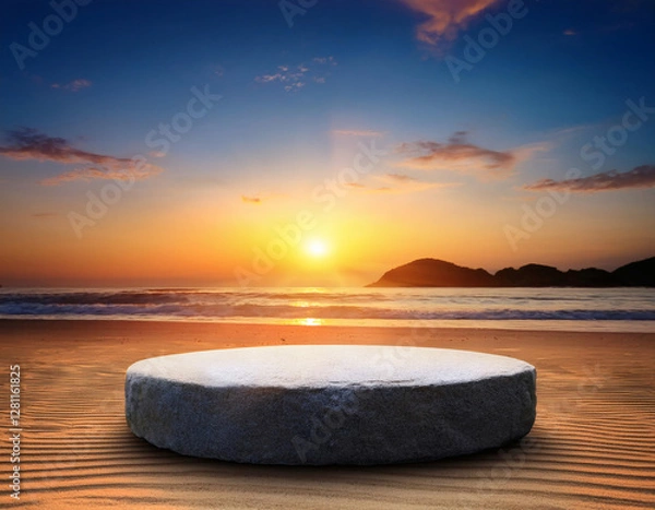 Obraz Blank rock podium stand on a tropical beach. Empty stone display platform on a white sand beach with sunrise or sunset sky. Minimalist coastal scene for product display, mockups, and relaxing themes.