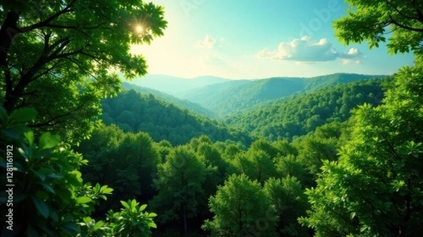 Fototapeta Serene landscape of sunlit green hills and lush forest canopy viewed from a treetop perspective