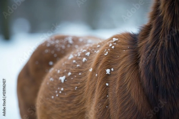Fototapeta Close-up of a Chestnut-Colored Mammal's Coat Dusted with Fresh Snowflakes in a Winter Setting